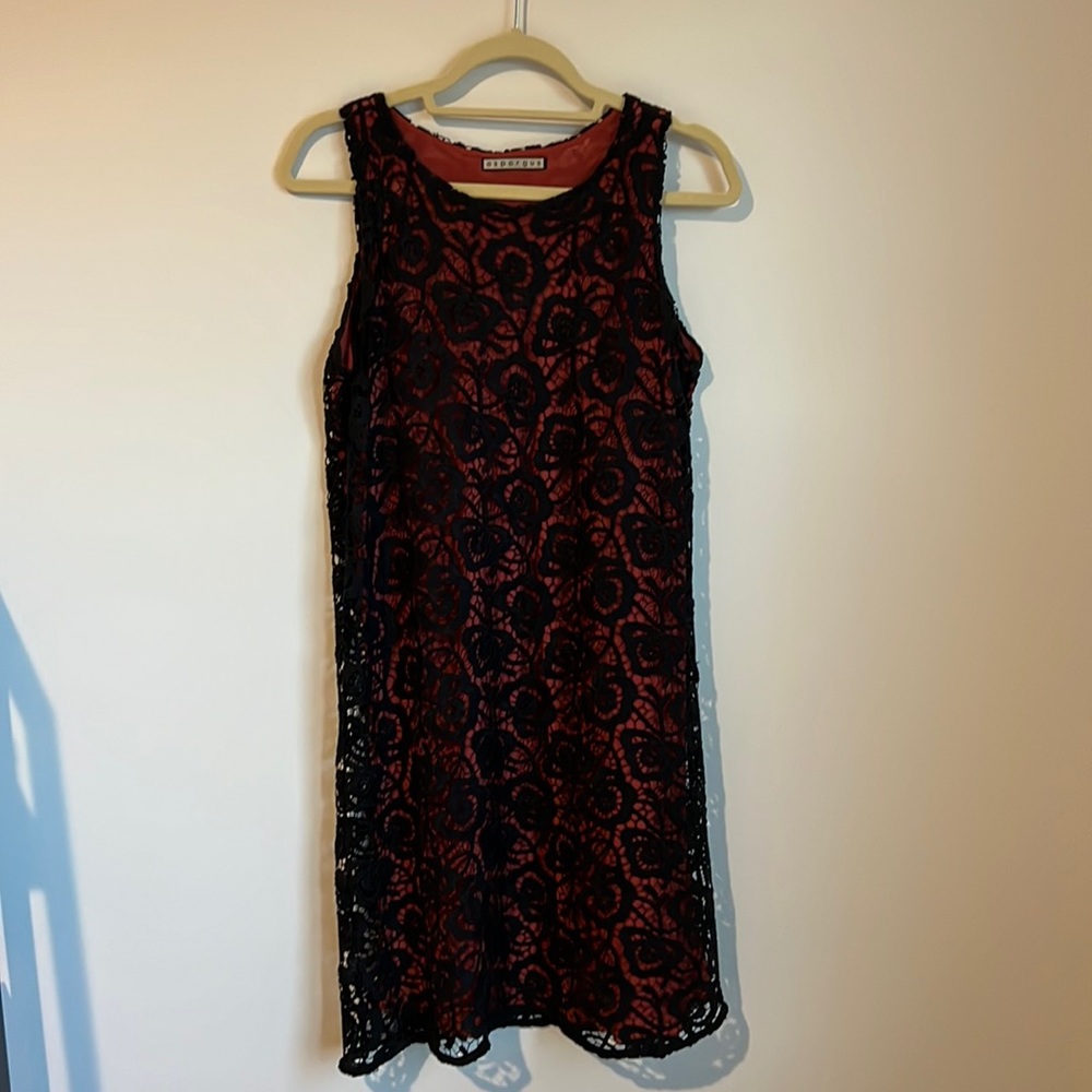 Aspargus shift dress, orange with blue lacy overlay